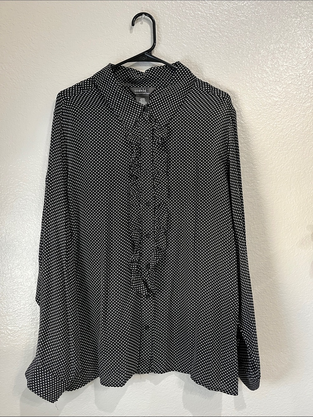 George Black & White Polka Dot 100% Silk Ruffle-Front Blouse Sz 26W/28W Office